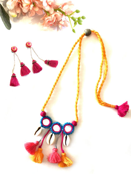 mirror work thread tassels necklace