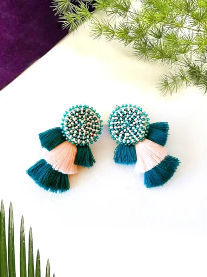 Beaded Tassel Earrings - Aqua